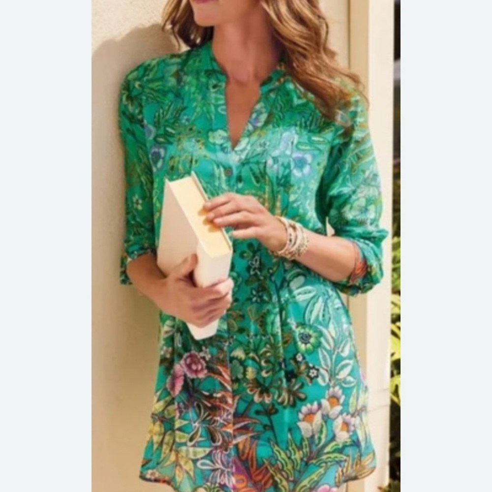 Soft Surroundings Luau Garden Green Floral Blouse XS